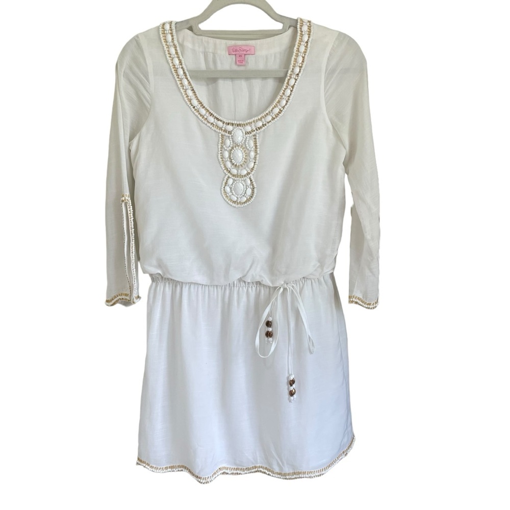 Lilly Pulitzer Women’s Long Sleeve Beaded White Tunic Lined Mini Dress Size XS